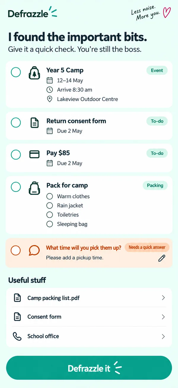Reviewing the dates, tasks and packing list Defrazzle found