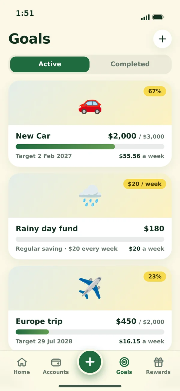 Goals screen with savings goals and progress
