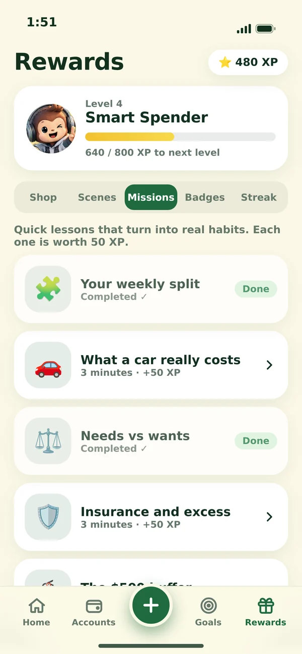 Rewards screen with money-skills missions and XP